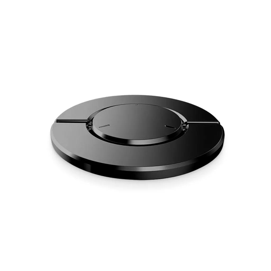 A black, round wireless charger with a sleek and minimalist design on a white background.