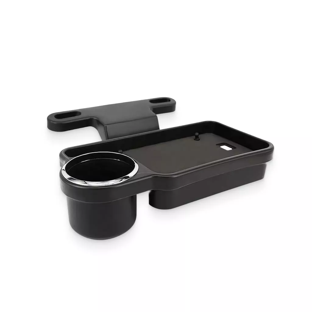 A black car accessory featuring a cup holder and rectangular tray for organizing small items. The design includes hooks for easy attachment to car surfaces.