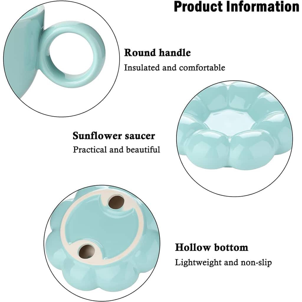 Product information image showcasing a teal ceramic cup with a round handle, a sunflower-shaped saucer described as practical and beautiful, and a hollow bottom noted as lightweight and non-slip.