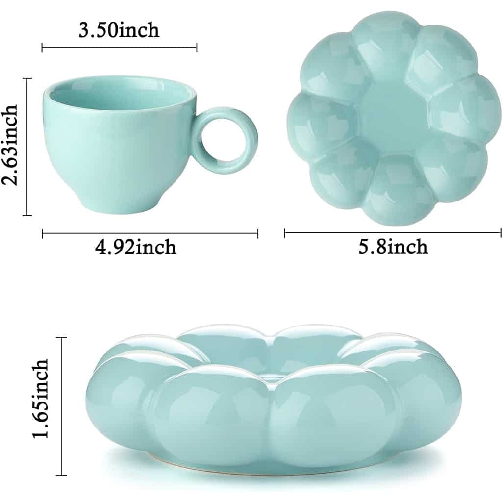 A blue cup and saucer set with measurements. The cup is 3.50 inches in diameter and 2.63 inches tall, with a handle. The saucer is shaped like a flower with a diameter of 5.8 inches. A matching donut-shaped item measures 1.65 inches in height.