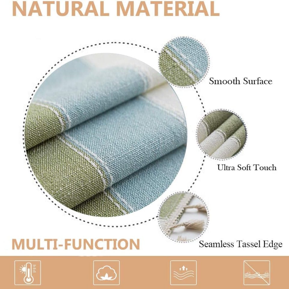 Textile ad highlighting natural material. Features three fabric close-ups labeled Smooth Surface, Ultra Soft Touch, and Seamless Tassel Edge. Bottom shows icons for temperature, comfort, and weather resistance. Beige and green color scheme.