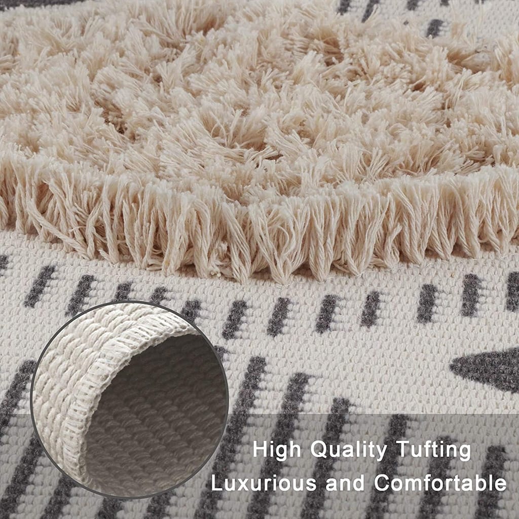 Close-up of a beige and cream textured rug with high-quality tufting. The image shows the soft, fluffy fibers and an inset circular image of the rugs underside. Text reads: High Quality Tufting, Luxurious and Comfortable.