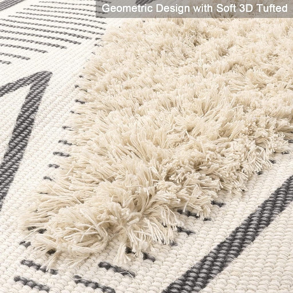 Close-up of a textured rug with beige and gray geometric patterns. The rug features a soft 3D tufted design, showcasing a mix of shaggy and woven textures. Text overlay reads: Geometric Design with Soft 3D Tufted.