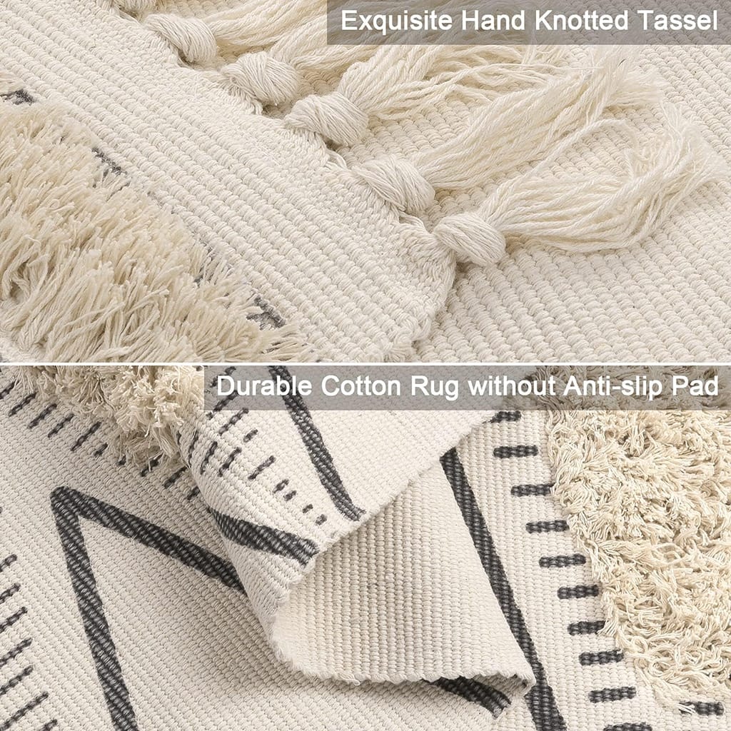 Close-up of a beige cotton rug with hand-knotted tassels and black geometric patterns. Its folded to show the texture and detailing. Text labels highlight the hand-knotted tassels and mention that the rug does not have an anti-slip pad.