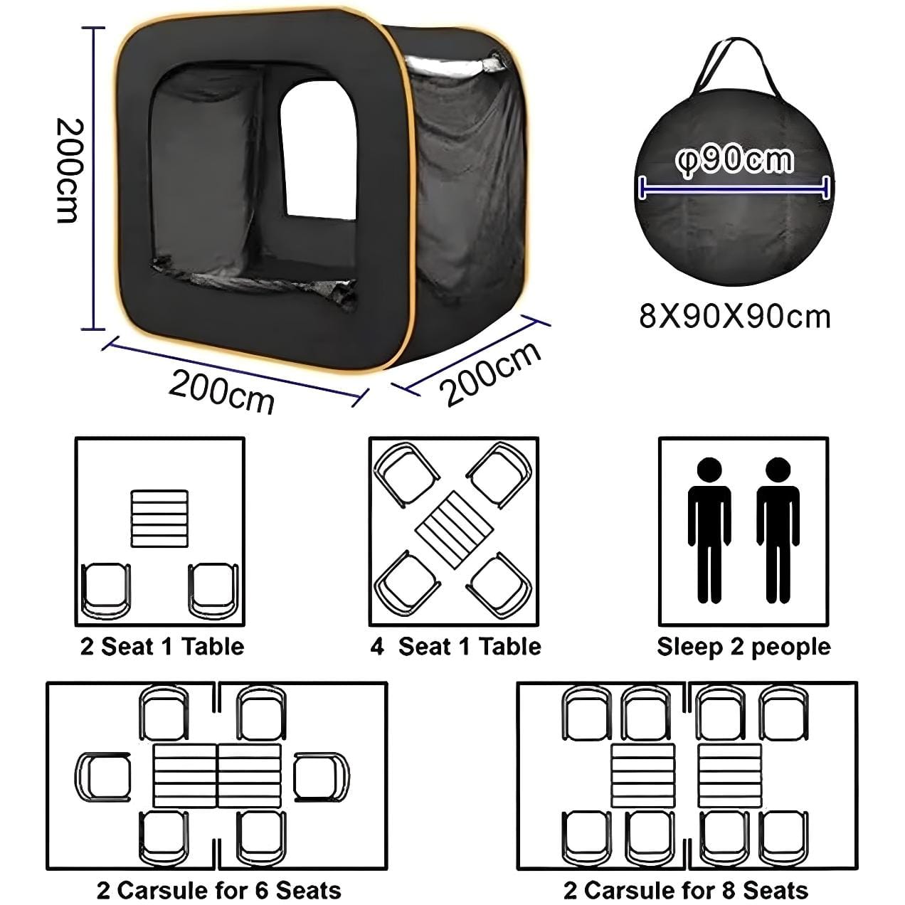 A black, cube-shaped tent measuring 200cm each side is shown with zippered openings. A carry bag is displayed above with dimensions 90x90cm. Diagrams below illustrate seating arrangements, accommodating 2 to 8 people in different layouts.