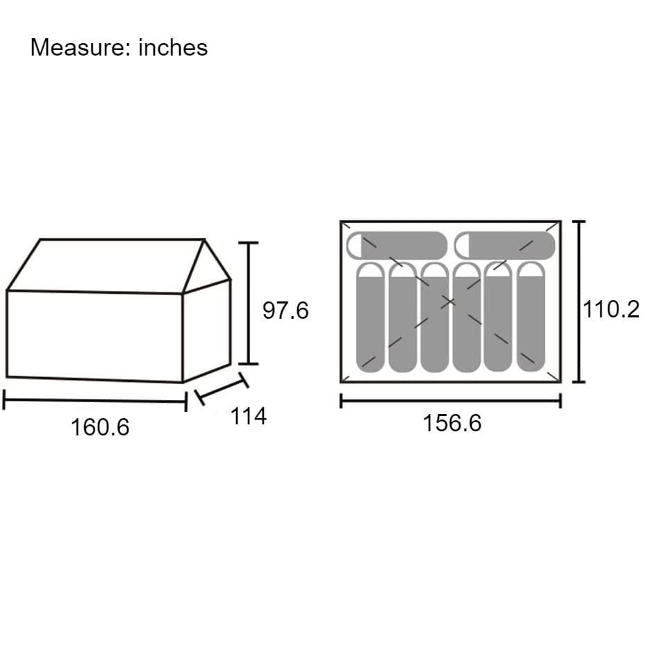 A schematic diagram showing the dimensions of a rectangular structure. The left side shows a side view with dimensions 97.6 inches high, 160.6 inches long, and 114 inches deep. The right side shows a front view with a height of 110.2 inches and length of 156.6 inches.