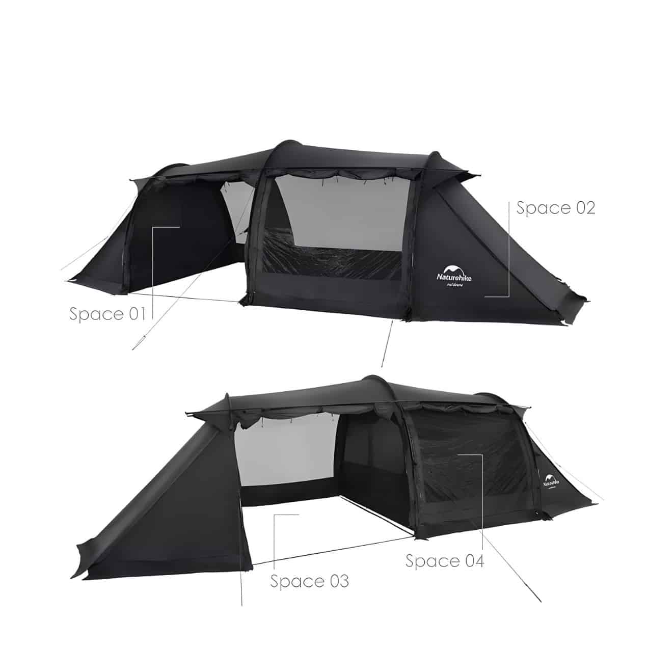 Two black camping tents from Naturehike are shown, labeled as Space 01, Space 02, Space 03, and Space 04, with mesh windows and zipped entrances. The design is compact and sleek, suitable for outdoor activities.