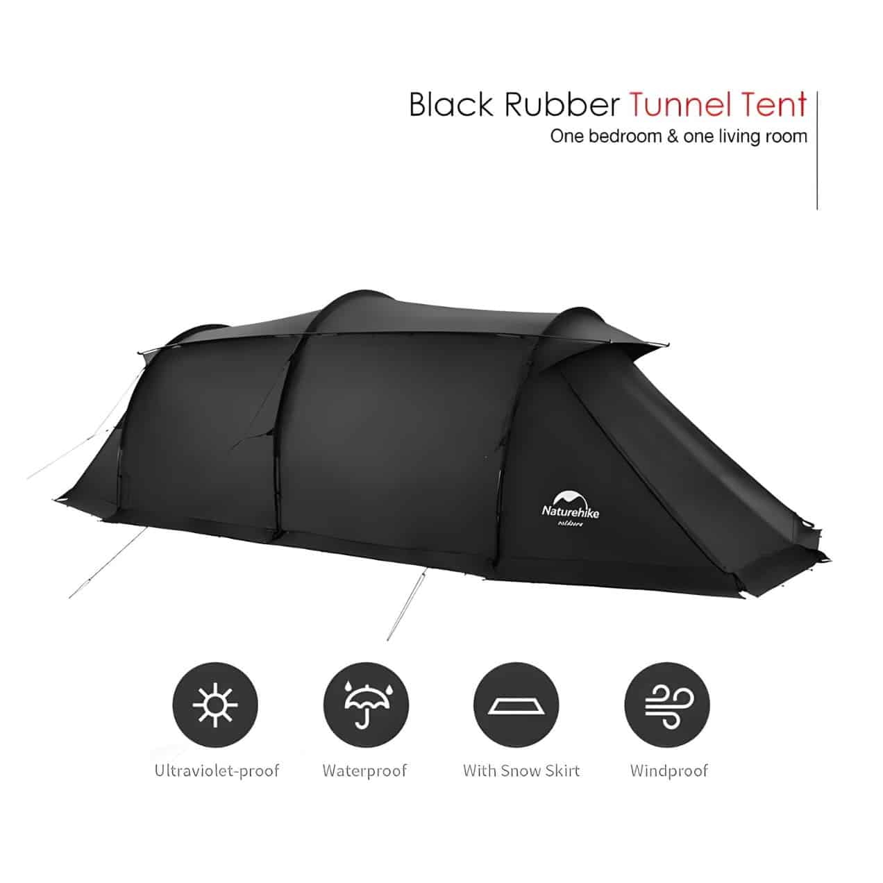 Black Rubber Tunnel Tent with one bedroom and living room. Features include ultraviolet-proof, waterproof, snow skirt, and windproof protections, as depicted by icons beneath the tent image.