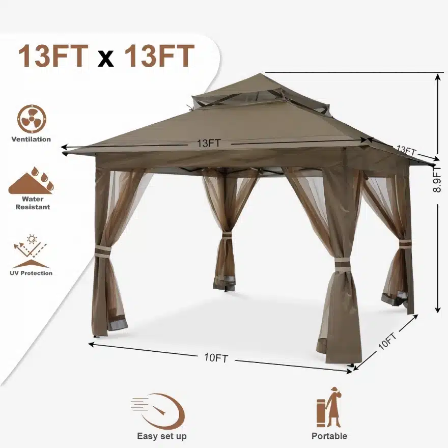 A brown outdoor gazebo measuring 13ft x 13ft with mesh curtains. Features include ventilation, water resistance, and UV protection. Its shown in a diagram with dimensions labeled. Icons indicate easy setup and portability.