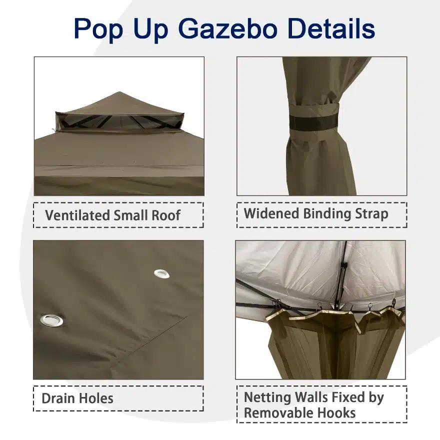 Pop-up gazebo details showing features like a ventilated small roof, widened binding strap, drain holes, and netting walls fixed by removable hooks.