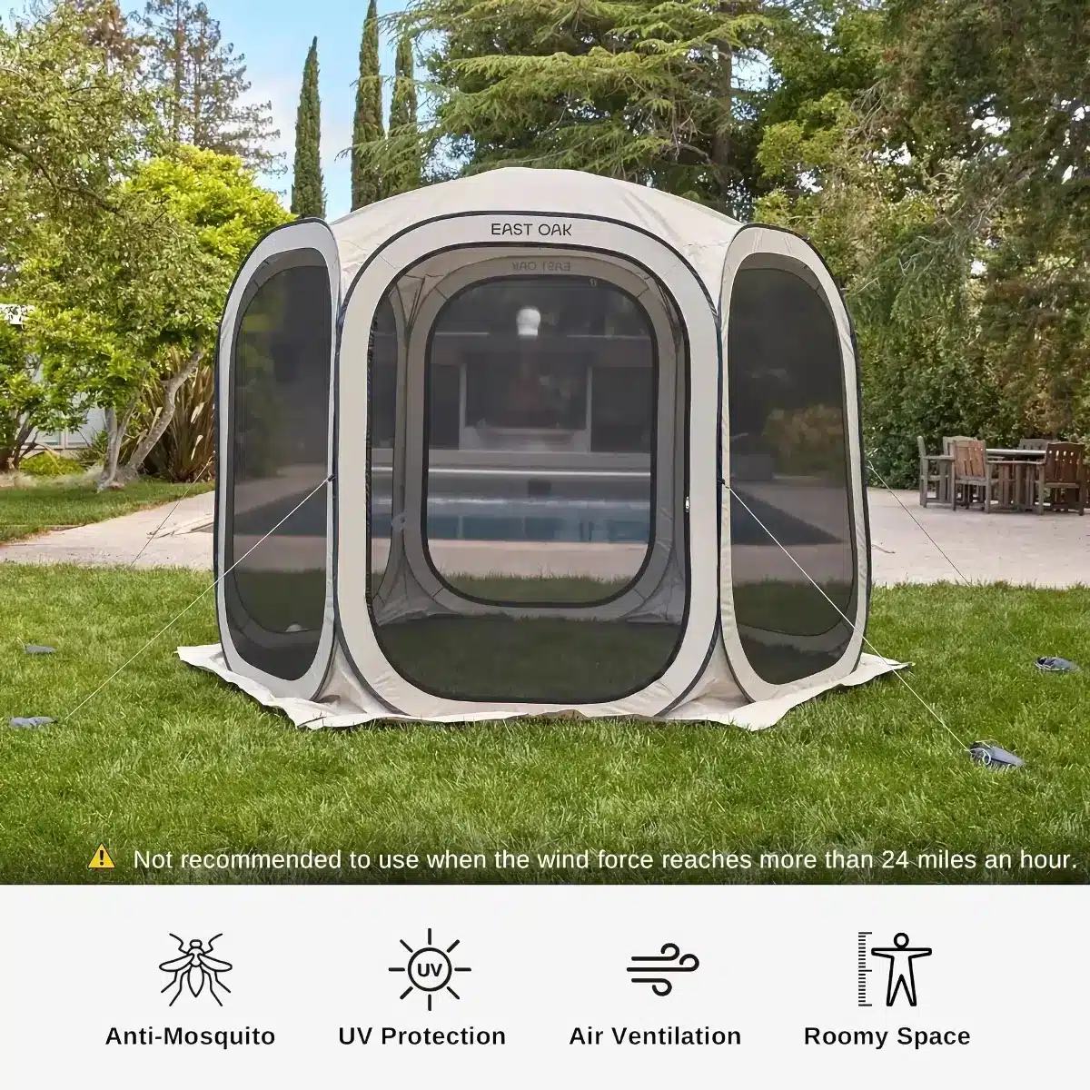 A screened outdoor gazebo sits on a lush green lawn, surrounded by trees. The gazebo offers anti-mosquito mesh, UV protection, air ventilation, and spacious room, as indicated by icons and text at the bottom.