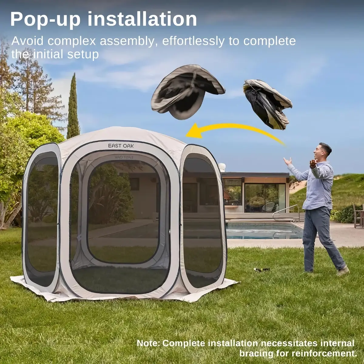 A man throws accessories toward a pop-up tent in a backyard near a pool. The sky is partly cloudy, and trees surround the modern house in the background. Text highlights ease of setup but notes the need for internal bracing.