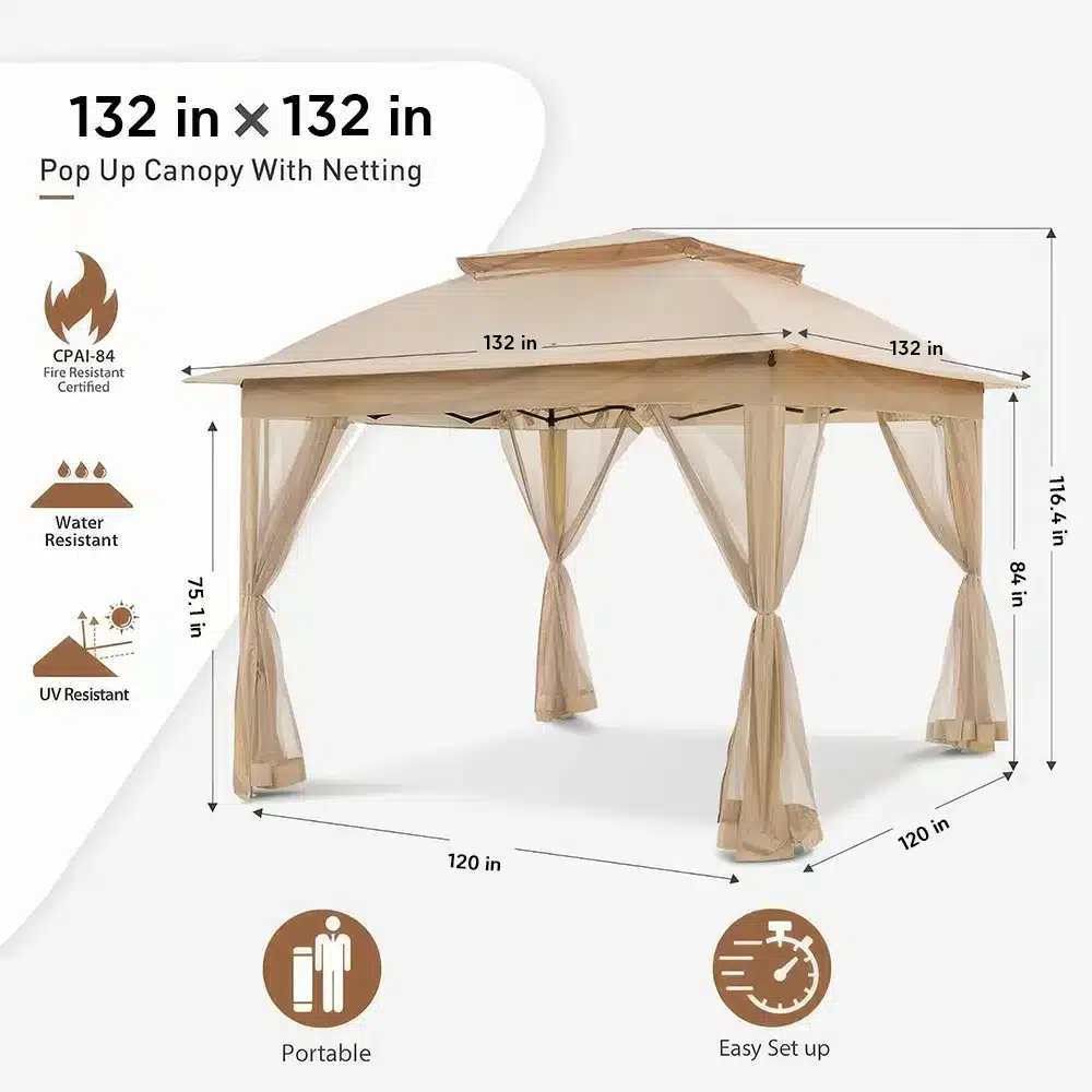 Illustration of a beige pop-up canopy with netting, measuring 132 x 132 inches. Features include water and UV resistance, CPAI-84 fire resistance, portability, and easy setup. Dimensions and key features are labeled around the canopy.