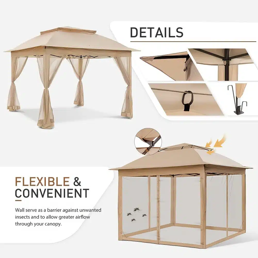 A gazebo with beige fabric and netted walls, featuring a peaked roof. Insets highlight structural details such as the frame and mesh system. Text reads Details and Flexible & Convenient, emphasizing insect protection and airflow benefits.