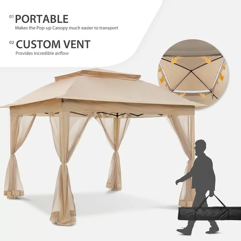 A beige pop-up canopy with side curtains is shown. Inset image highlights the custom vent feature for airflow. A silhouette of a person carries the canopy in a portable carrying case. Text highlights its portability and ventilation features.