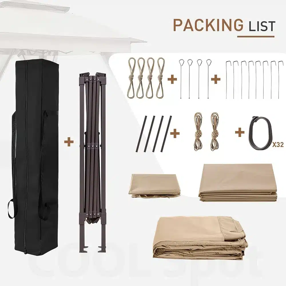 An infographic showing a packing list for a canopy set. Includes a black carrying case, a folded metal frame, pegs, ropes, poles, and beige canopy fabric. Each item is separated with plus signs, and quantities are indicated.