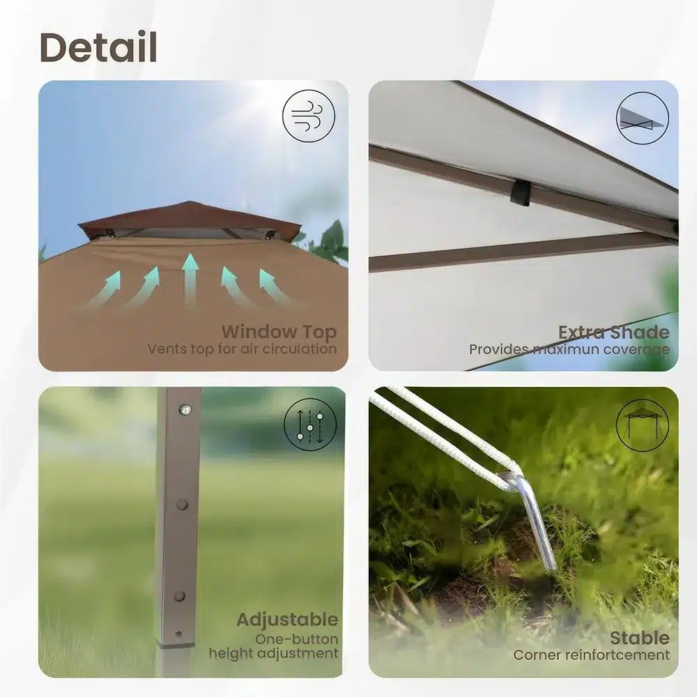 Collage of a shelter with four detail images: vented window top for air circulation, extended shade for coverage, one-button height adjustment, and a stable corner reinforcement with a peg on grass.