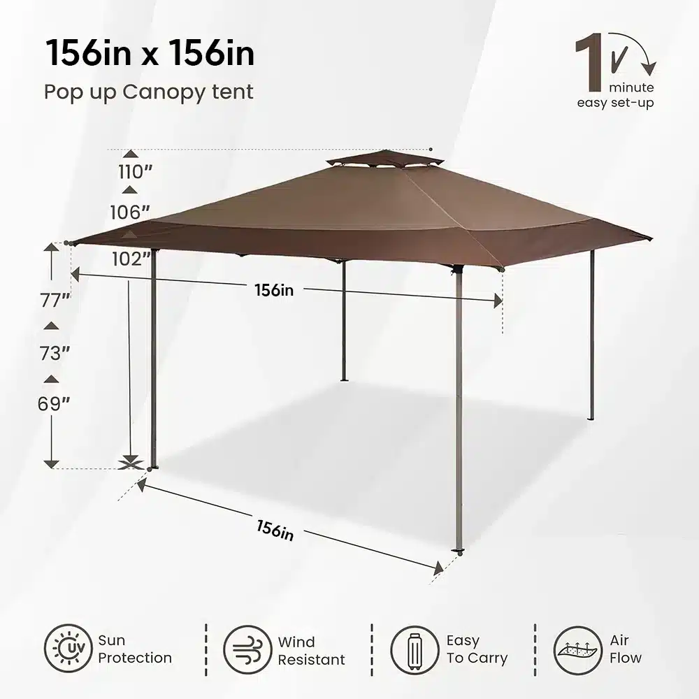 Diagram of a 156x156 inch pop-up canopy tent with brown fabric and silver legs. Features include 1-minute setup, sun protection, wind resistance, airflow, and easy transport. Dimensions: height options of 77, 73, and 69; width of 102, 110, or 116.