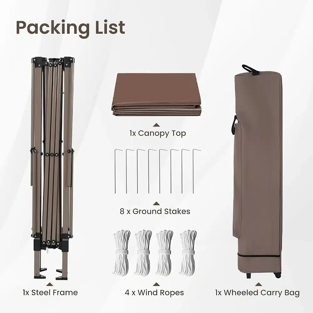 Packing list image showing a folded steel frame, canopy top, eight ground stakes, four wind ropes, and a wheeled carry bag.